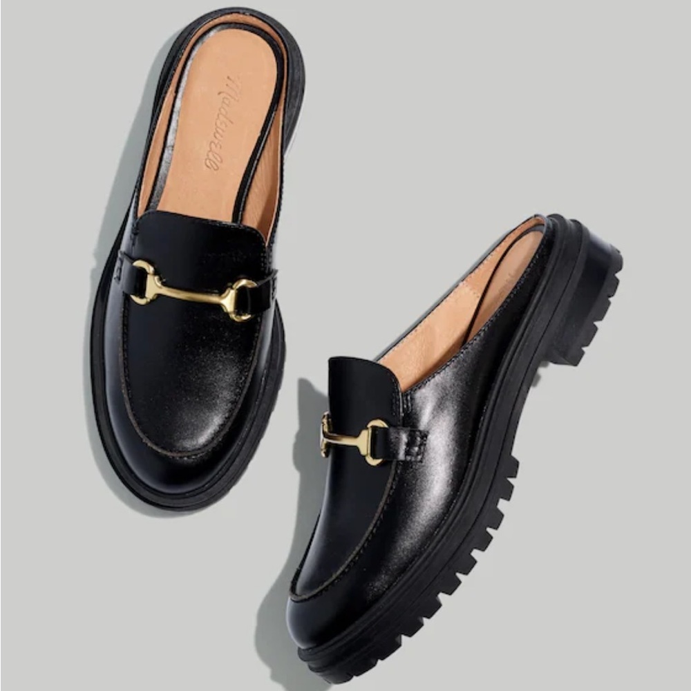 Madewell Black Leather Mule Loafers with Gold Bit